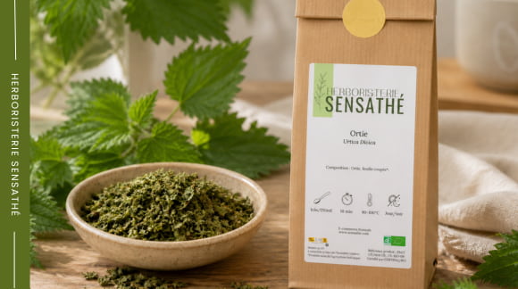 Ortie séchée en herboristerie, plante médicinale utilisée en infusion contre la fatigue et l’anémie ferriprive - Herboristerie Sensathé Ortie séchée en herboristerie, plante médicinale utilisée en infusion contre la fatigue et l’anémie ferriprive - Herboristerie Sensathé